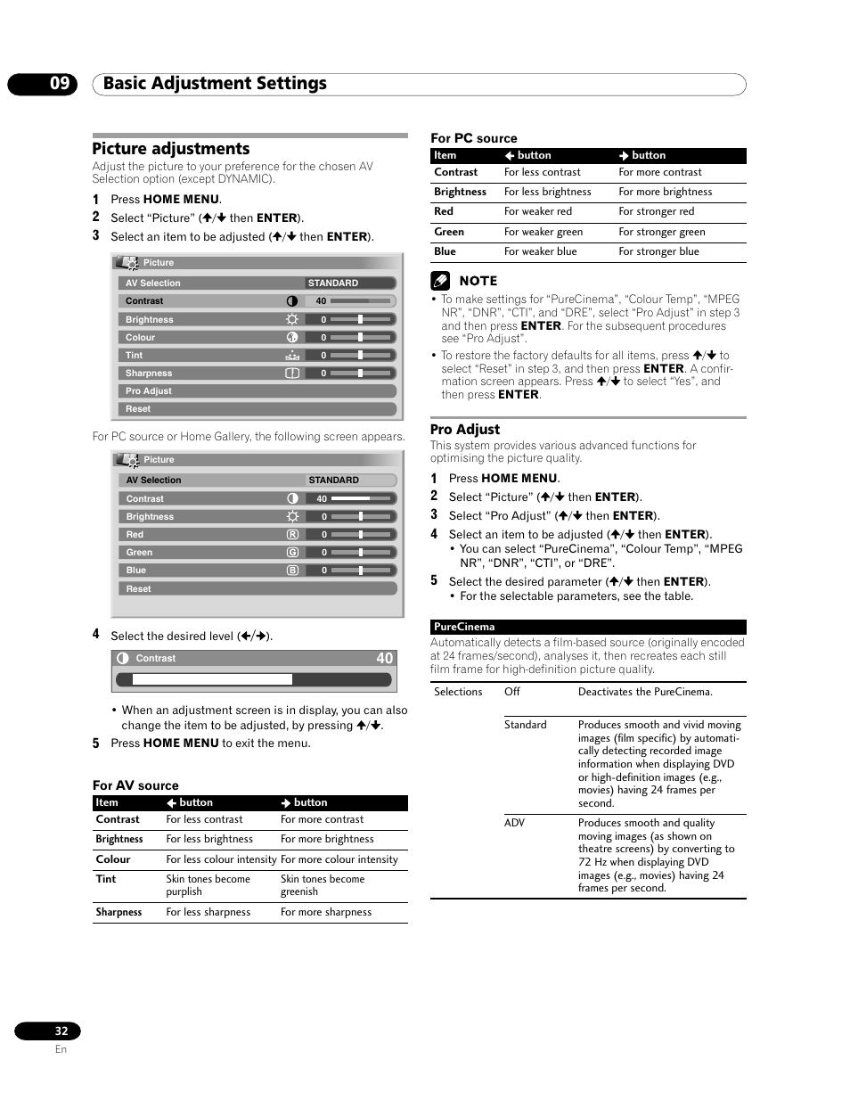 Picture adjustments, Pro adjust, 09 basic adjustment settings | Pioneer PDP-435HDE User Manual | Page 32 / 176