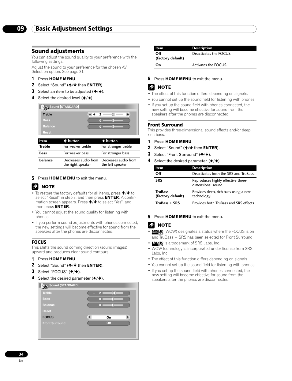 Sound adjustments, Focus front surround, 09 basic adjustment settings | Pioneer PDP-435HDE User Manual | Page 34 / 176