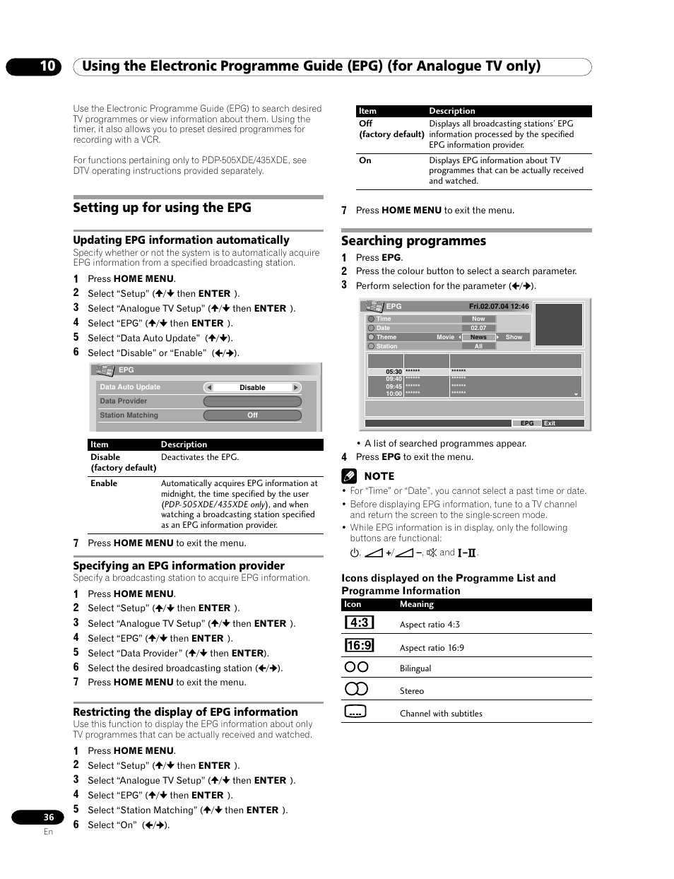 10 using the electronic programme guide (epg), For analogue tv only), Setting up for using the epg | Searching programmes | Pioneer PDP-435HDE User Manual | Page 36 / 176