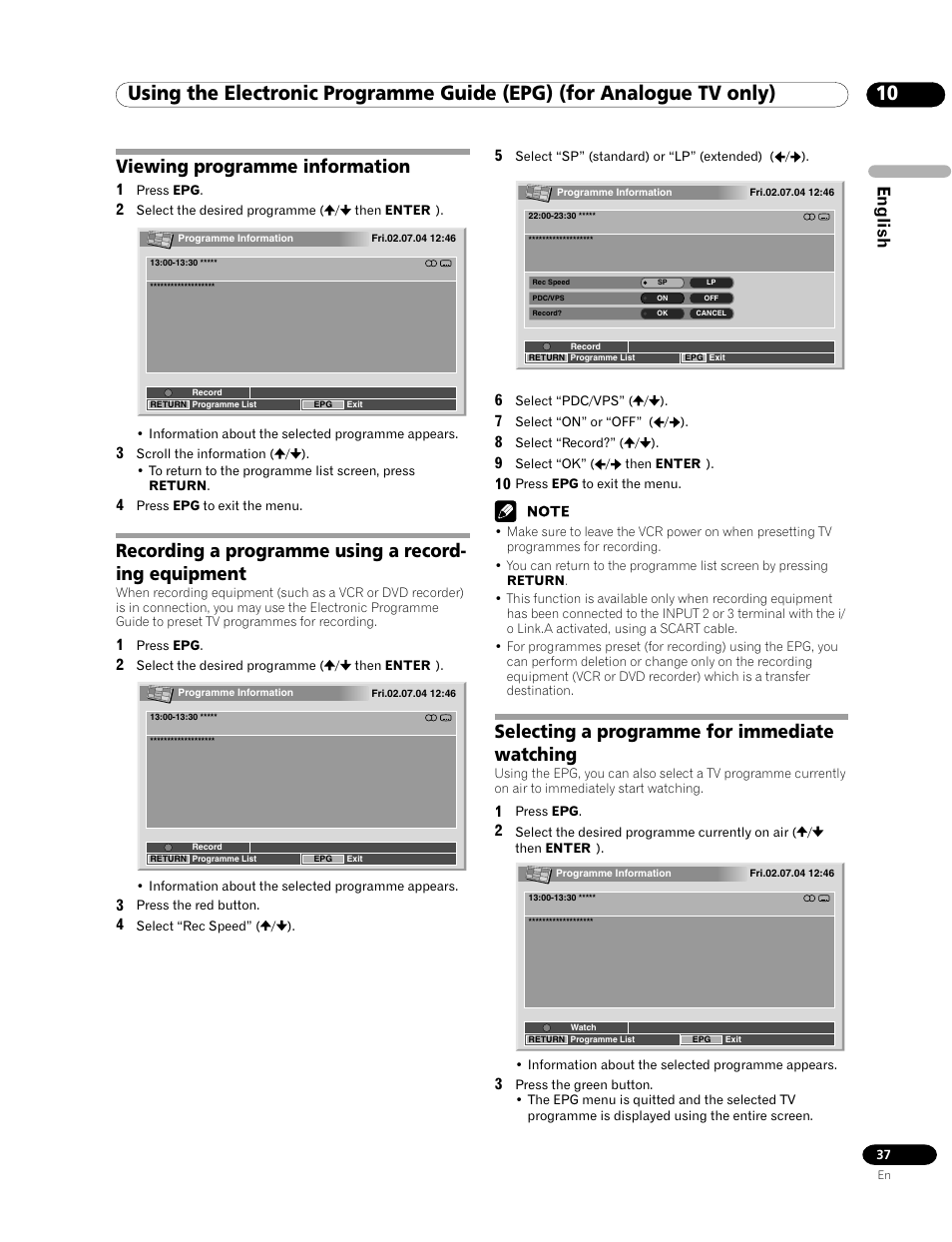 Viewing programme information, Selecting a programme for immediate watching, English | Pioneer PDP-435HDE User Manual | Page 37 / 176