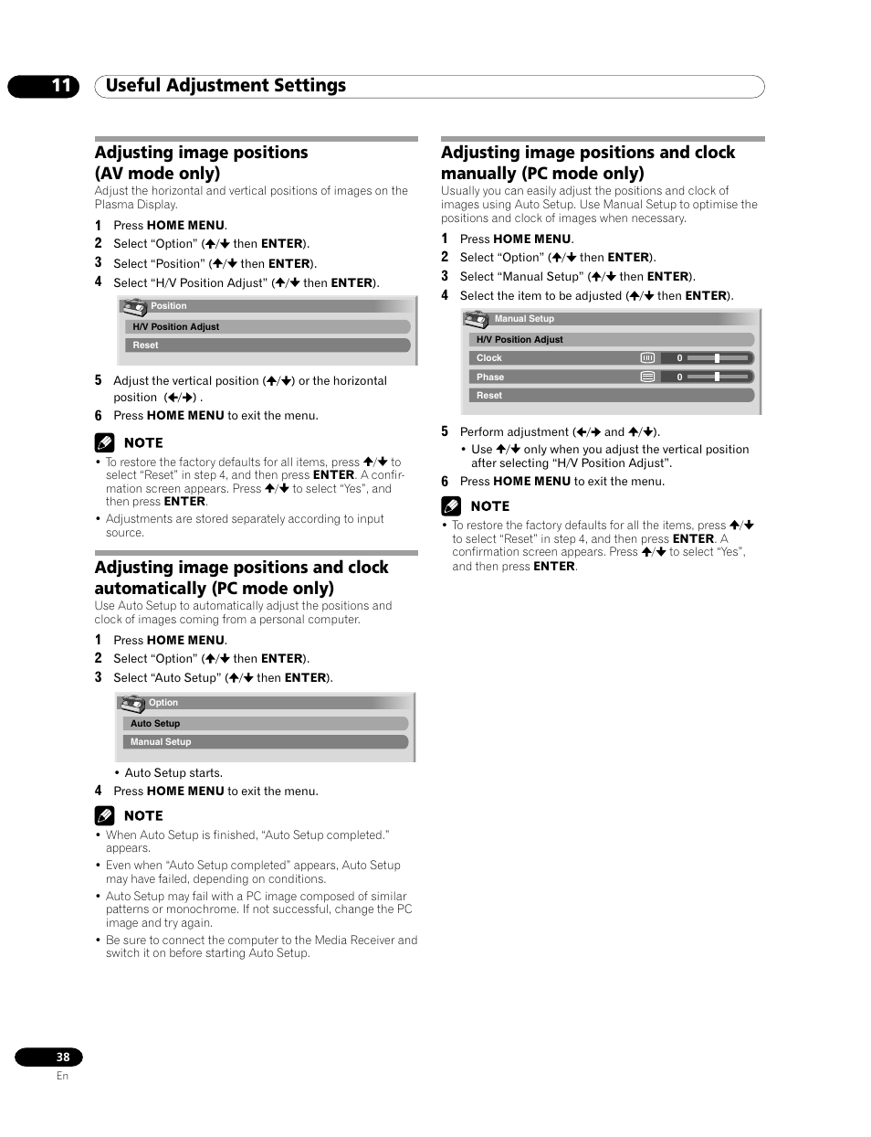 11 useful adjustment settings, Adjusting image positions (av mode only) | Pioneer PDP-435HDE User Manual | Page 38 / 176