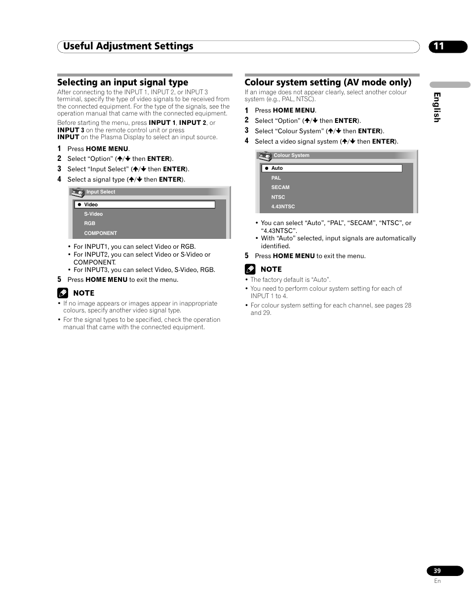 11 useful adjustment settings, Colour system setting (av mode only), Selecting an input signal type | English | Pioneer PDP-435HDE User Manual | Page 39 / 176