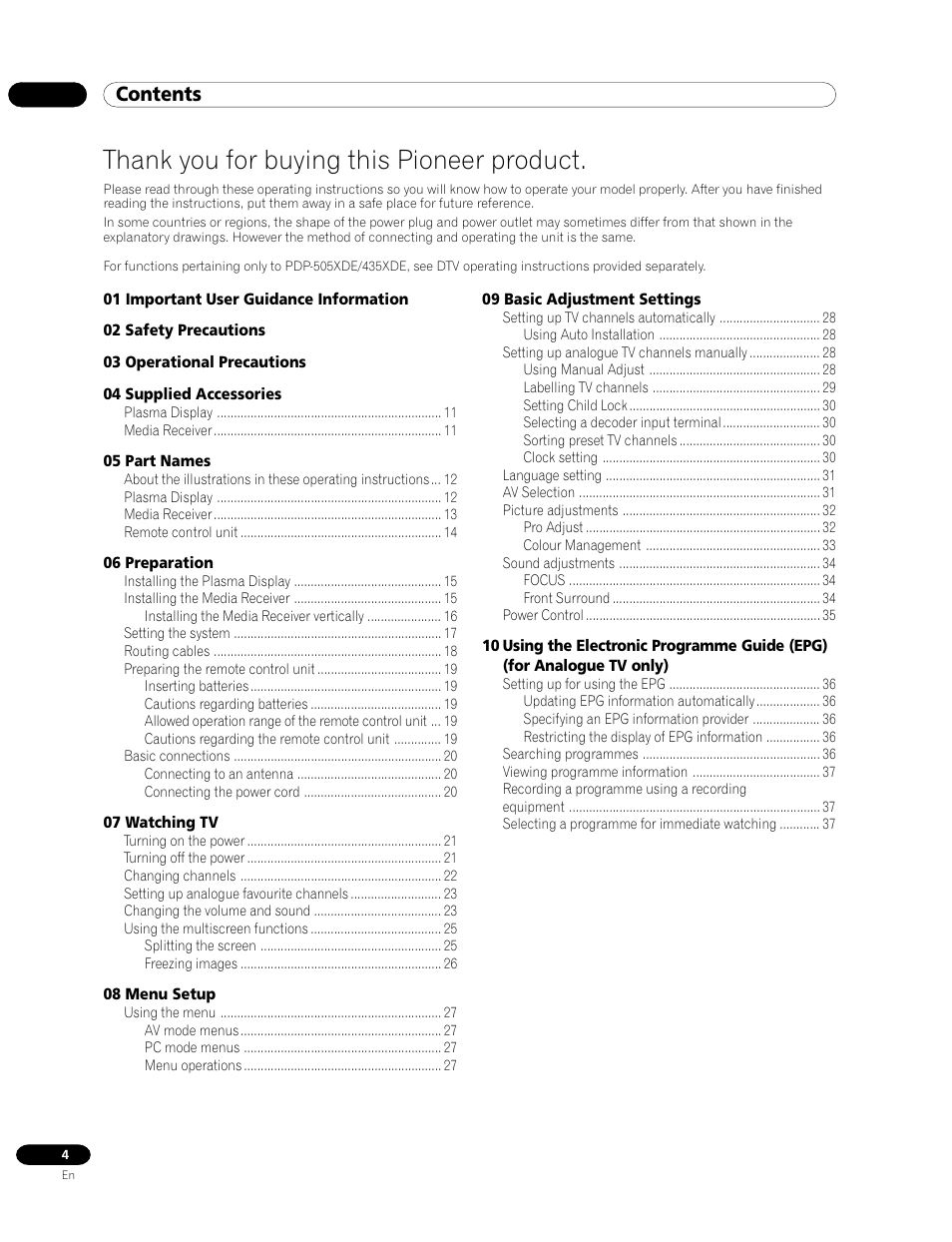 Pioneer PDP-435HDE User Manual | Page 4 / 176