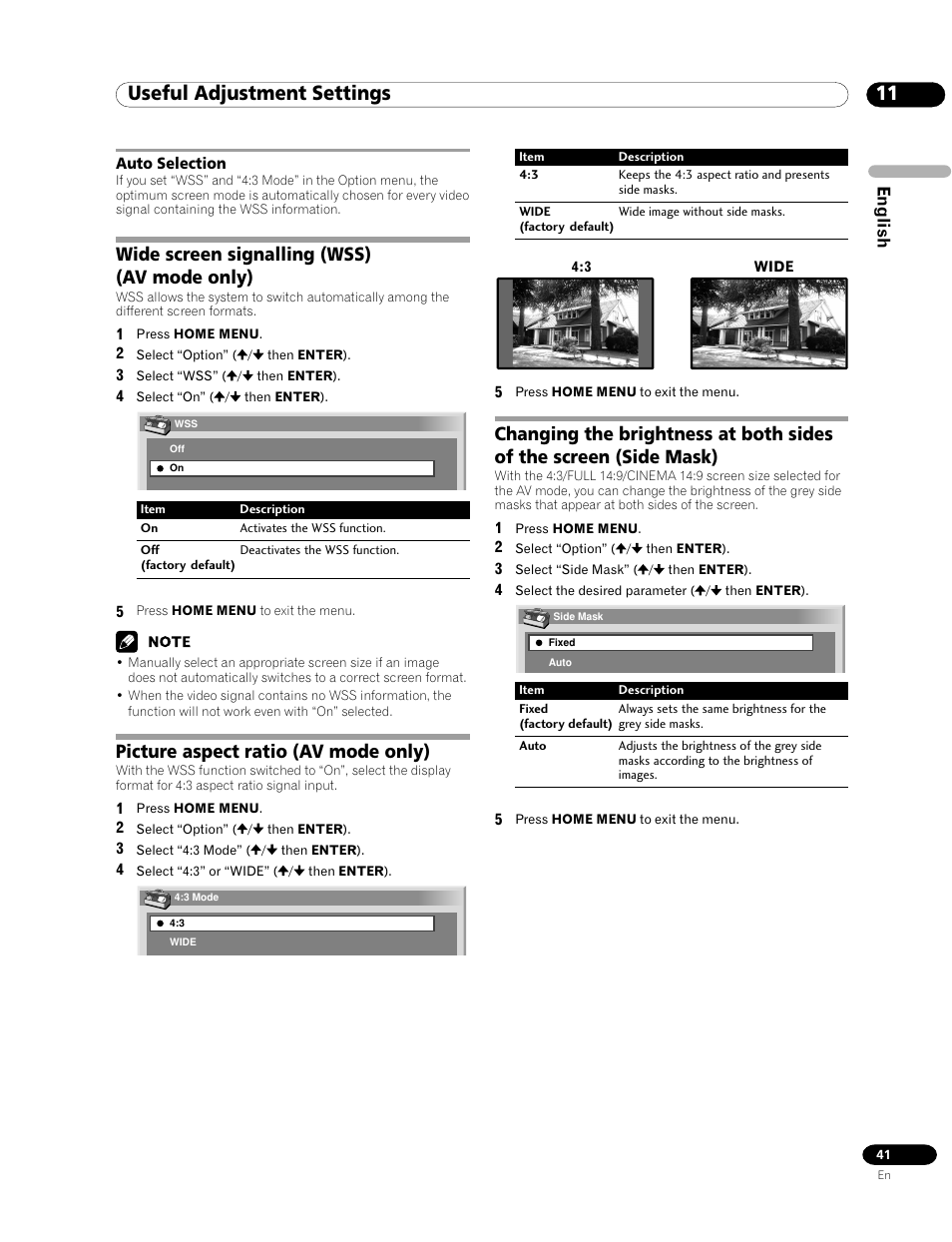 Auto selection, 11 useful adjustment settings, Wide screen signalling (wss) (av mode only) | Picture aspect ratio (av mode only) | Pioneer PDP-435HDE User Manual | Page 41 / 176