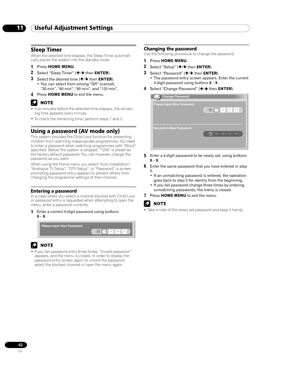Sleep timer using a password (av mode only), Entering a password changing the password, 11 useful adjustment settings | Sleep timer, Using a password (av mode only) | Pioneer PDP-435HDE User Manual | Page 42 / 176