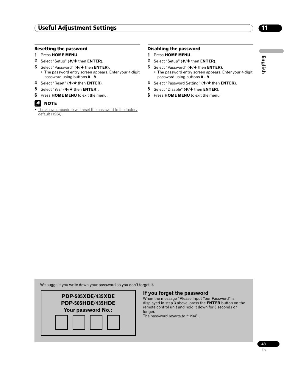 Resetting the password disabling the password, 11 useful adjustment settings | Pioneer PDP-435HDE User Manual | Page 43 / 176