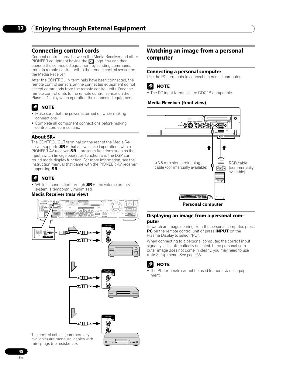 Connecting control cords, About sr, Watching an image from a personal computer | 12 enjoying through external equipment, Connecting a personal computer, Displaying an image from a personal com- puter, Media receiver (front view), Personal computer, Media receiver (rear view) | Pioneer PDP-435HDE User Manual | Page 48 / 176