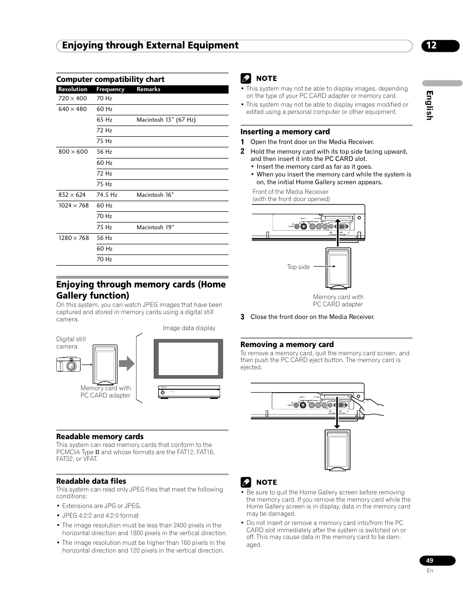 Computer compatibility chart, 12 enjoying through external equipment | Pioneer PDP-435HDE User Manual | Page 49 / 176