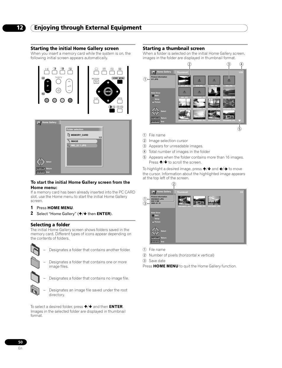 12 enjoying through external equipment, Selecting a folder, Starting the initial home gallery screen | Starting a thumbnail screen, Press home menu, Select “home gallery” ( / then enter ) | Pioneer PDP-435HDE User Manual | Page 50 / 176