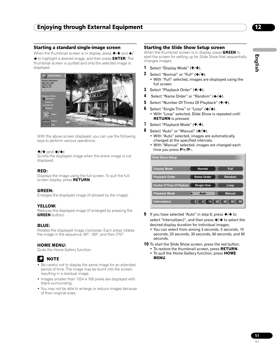 12 enjoying through external equipment, English, Starting a standard single-image screen | Starting the slide show setup screen | Pioneer PDP-435HDE User Manual | Page 51 / 176