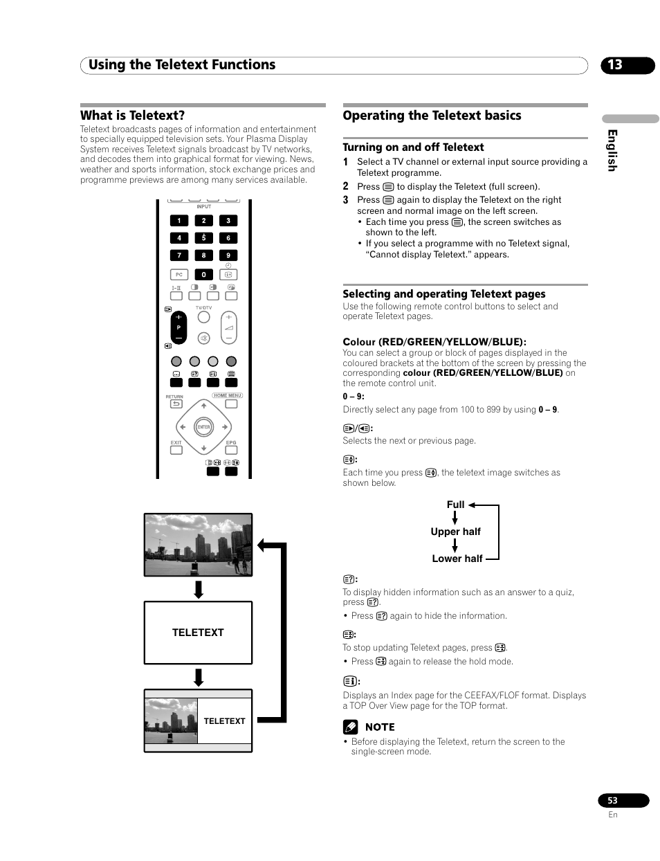 13 using the teletext functions, What is teletext? operating the teletext basics, What is teletext | Operating the teletext basics | Pioneer PDP-435HDE User Manual | Page 53 / 176