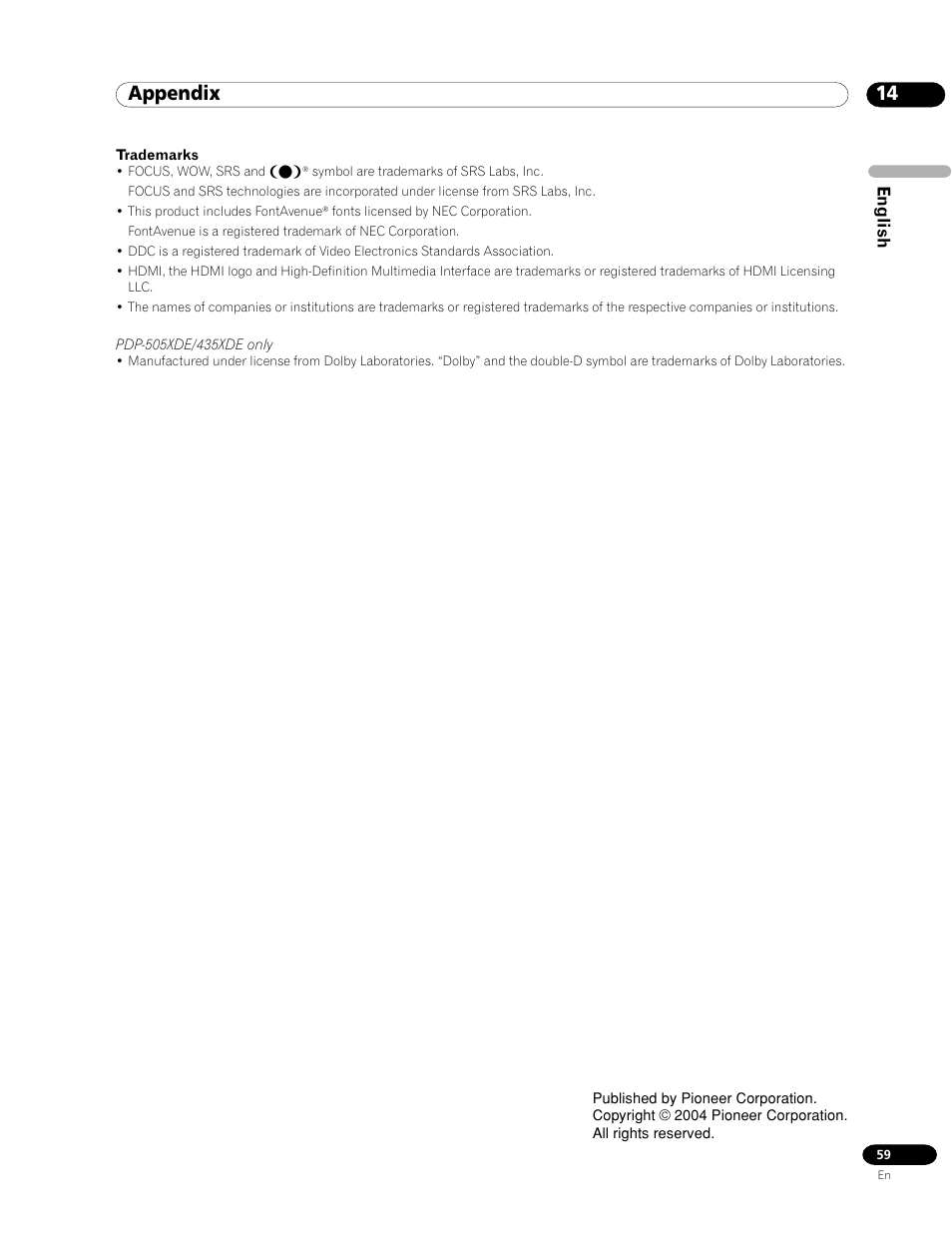 Appendix, English | Pioneer PDP-435HDE User Manual | Page 59 / 176