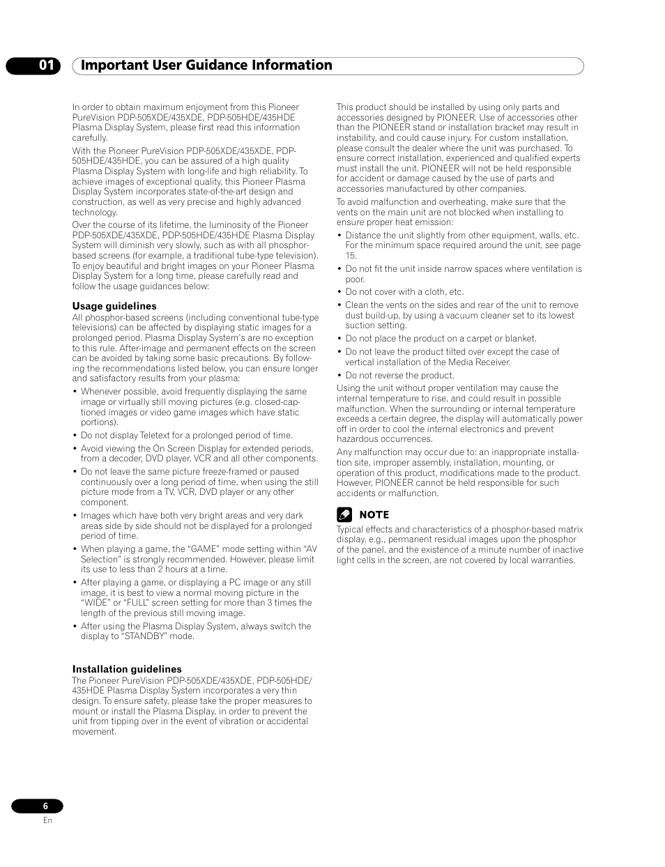 01 important user guidance information | Pioneer PDP-435HDE User Manual | Page 6 / 176