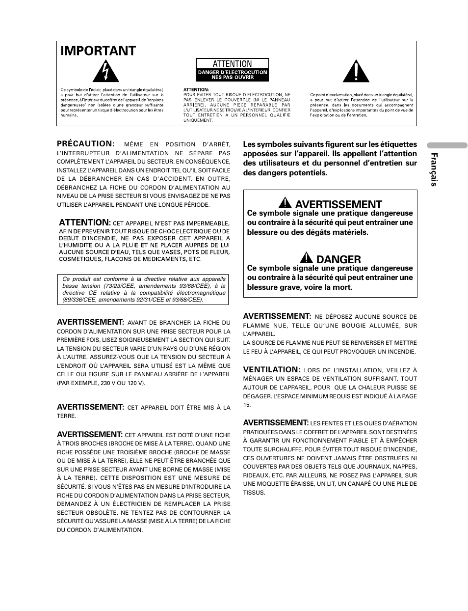 Danger, Français, Précaution | Avertissement, Ventilation | Pioneer PDP-435HDE User Manual | Page 61 / 176