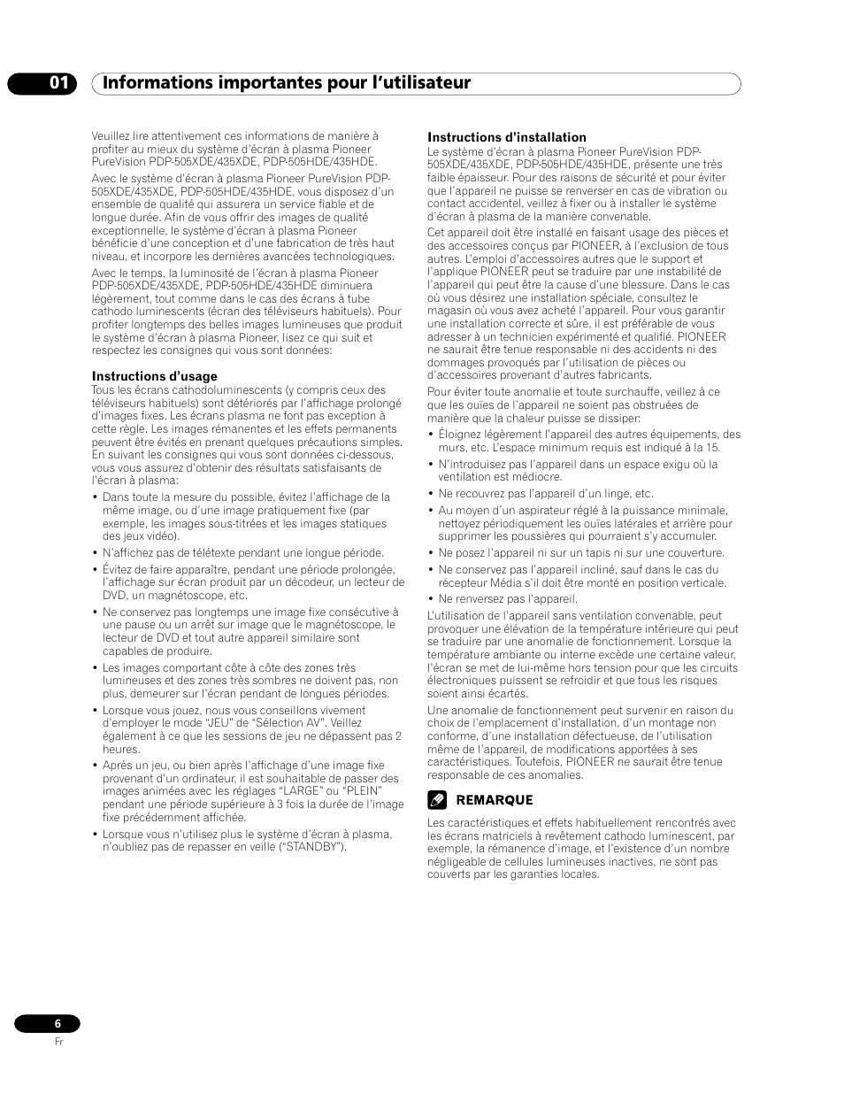 01 informations importantes pour l’utilisateur | Pioneer PDP-435HDE User Manual | Page 64 / 176
