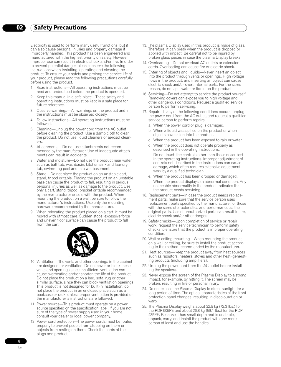 02 safety precautions | Pioneer PDP-435HDE User Manual | Page 8 / 176