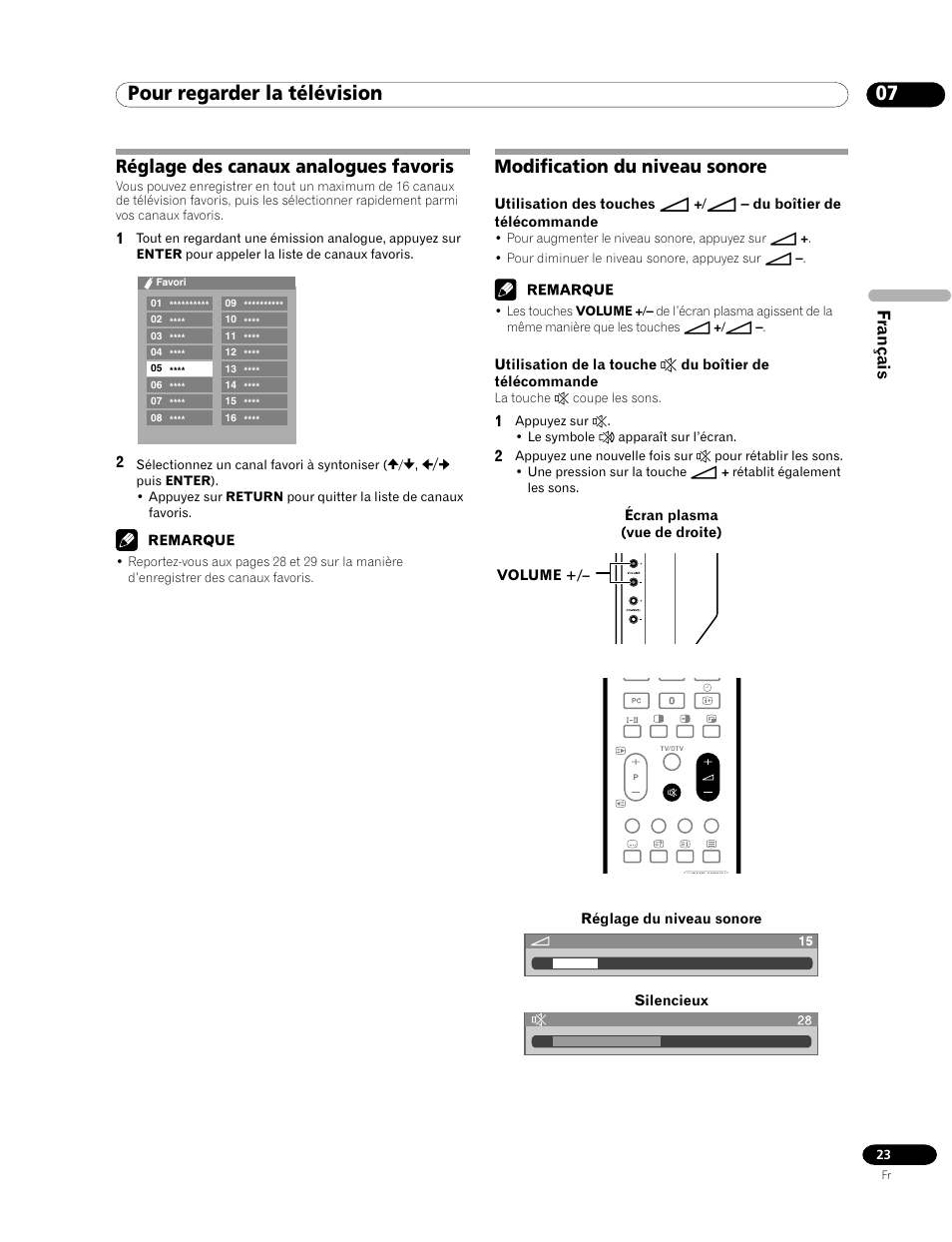 07 pour regarder la télévision, Réglage des canaux analogues favoris, Modification du niveau sonore | Français | Pioneer PDP-435HDE User Manual | Page 81 / 176