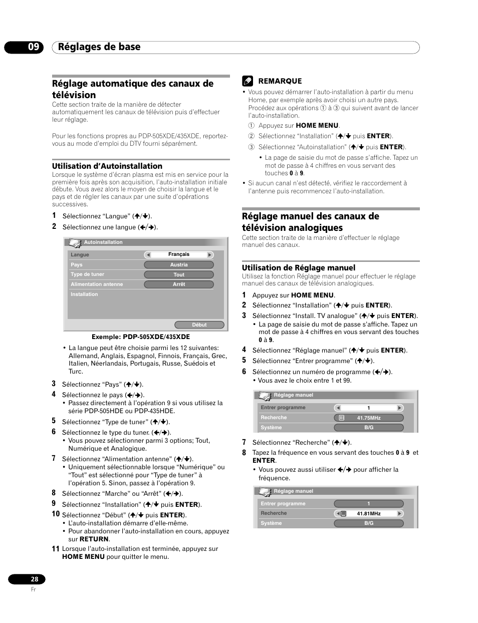 09 réglages de base, Réglage automatique des canaux de télévision, Utilisation d’autoinstallation | Utilisation de réglage manuel | Pioneer PDP-435HDE User Manual | Page 86 / 176