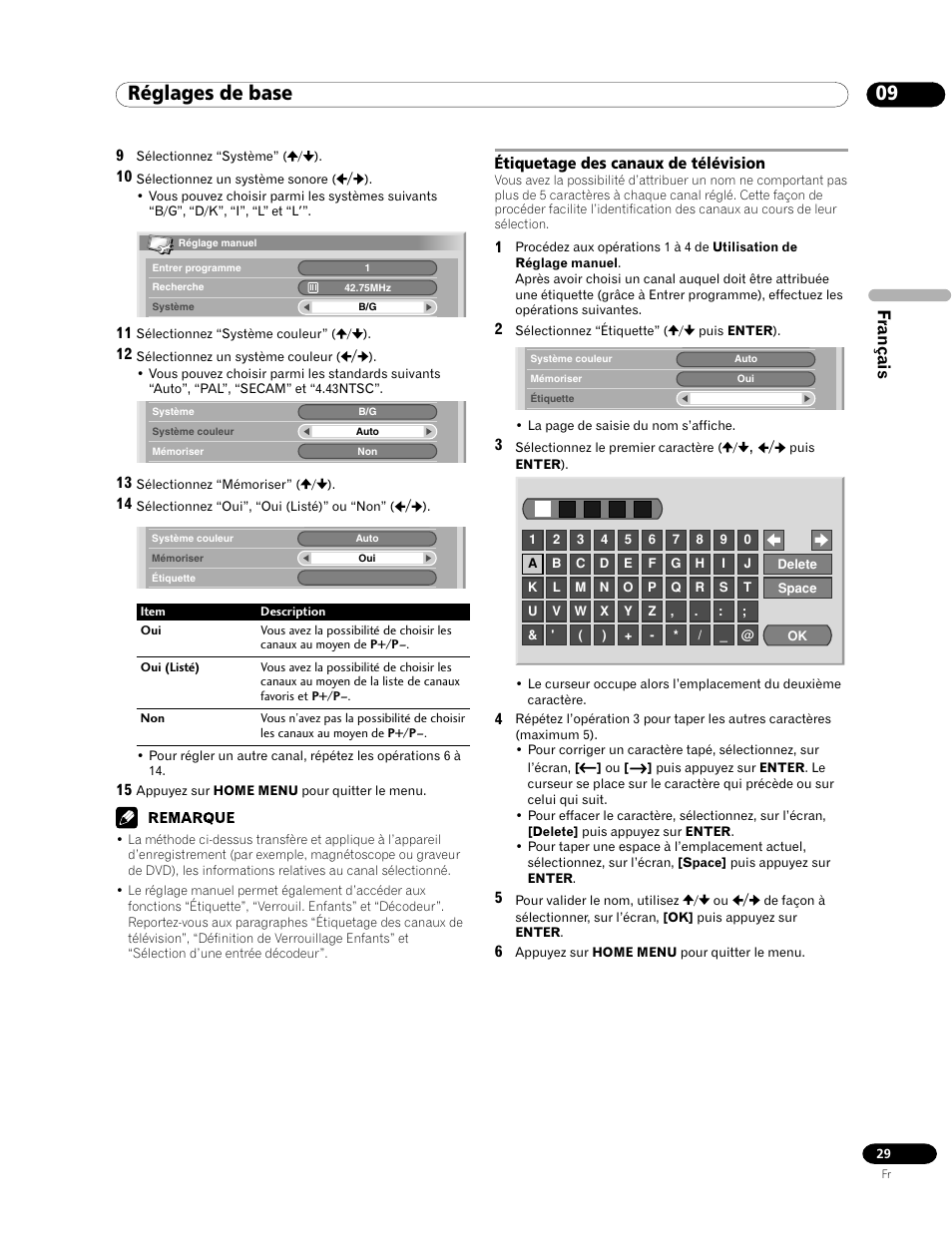 Étiquetage des canaux de télévision, Réglages de base, Français | Pioneer PDP-435HDE User Manual | Page 87 / 176