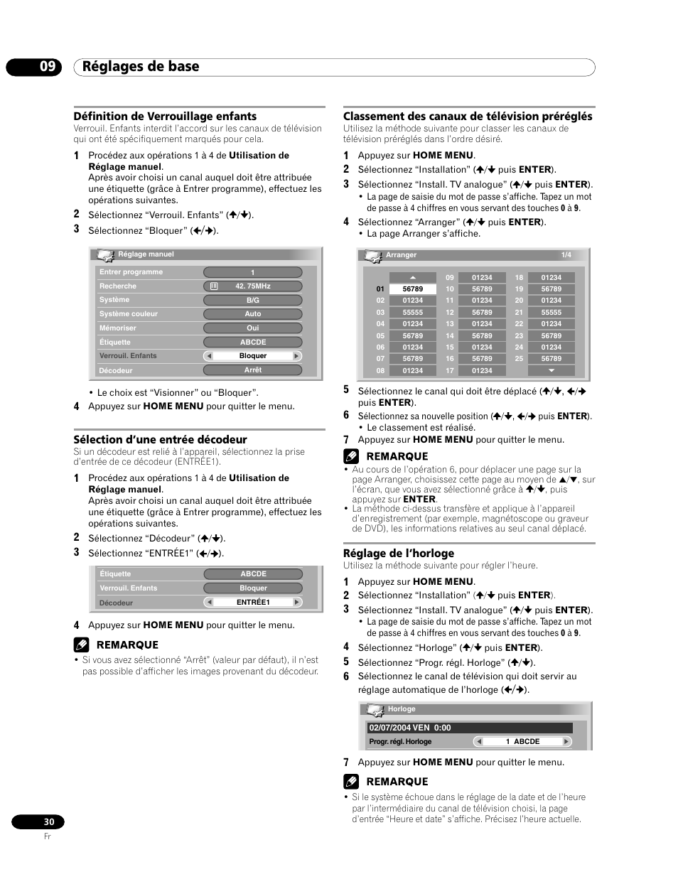 09 réglages de base, Définition de verrouillage enfants, Sélection d’une entrée décodeur | Classement des canaux de télévision préréglés, Réglage de l’horloge | Pioneer PDP-435HDE User Manual | Page 88 / 176