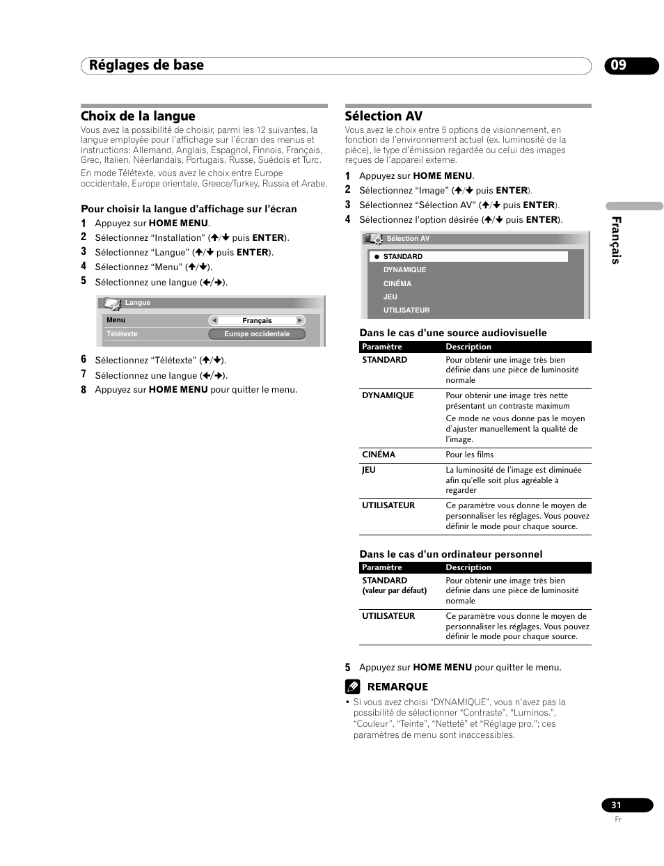 Choix de la langue sélection av, Réglages de base, Choix de la langue | Sélection av | Pioneer PDP-435HDE User Manual | Page 89 / 176