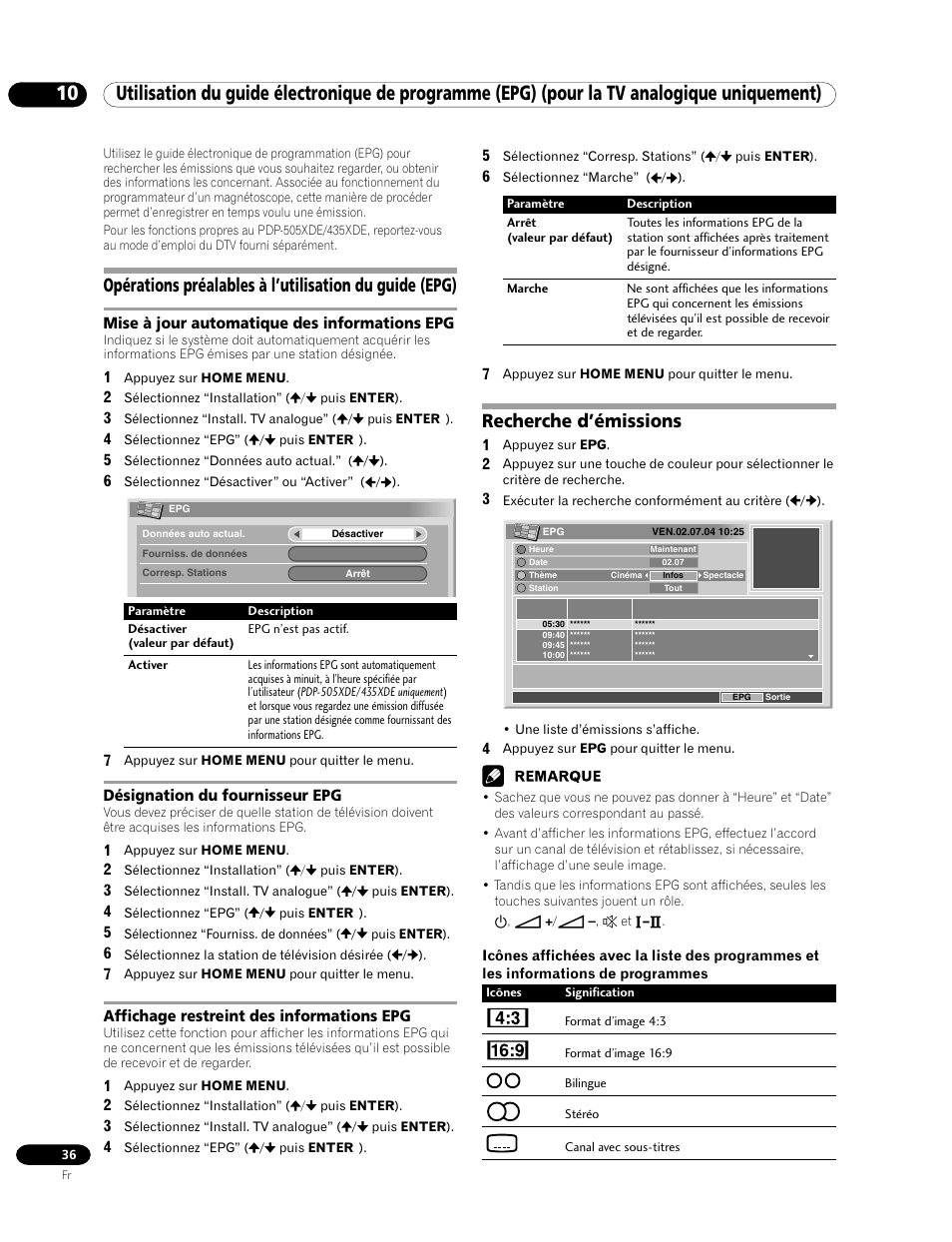 10 utilisation du guide électronique de, Programme (epg) (pour la tv analogique uniquement), Recherche d’émissions | Pioneer PDP-435HDE User Manual | Page 94 / 176