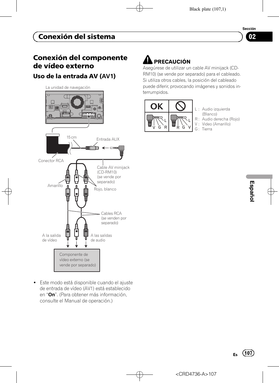 Conexión del componente de vídeo, Externo, Uso de la entrada av (av1) 107 | Conexión del componente de vídeo externo, 02 conexión del sistema, Uso de la entrada av (av1) | Pioneer AVIC-F50BT User Manual | Page 107 / 180