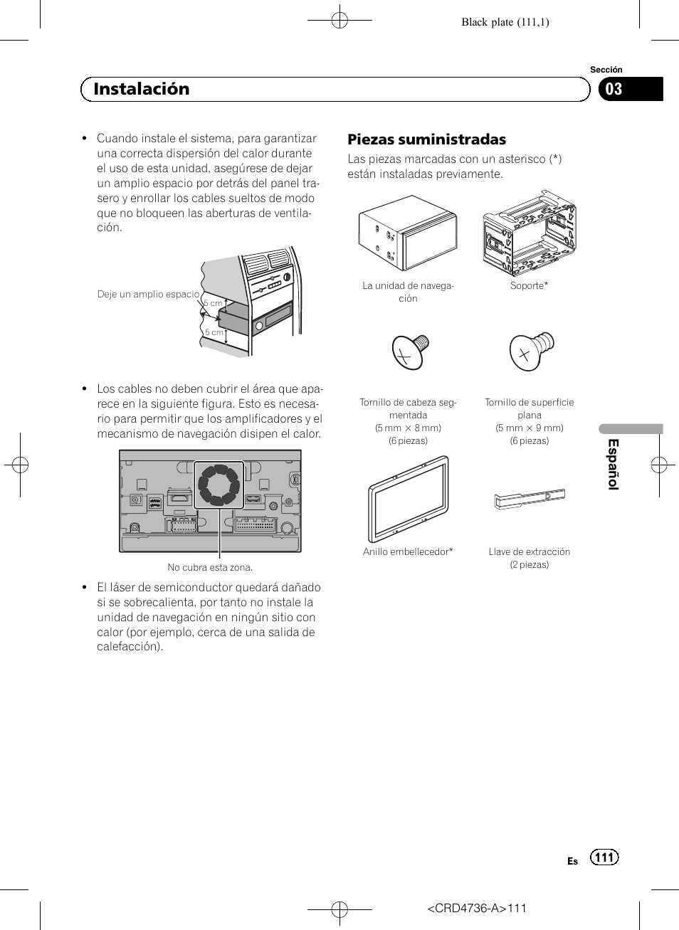 Piezas suministradas 111, 03 instalación, Piezas suministradas | Pioneer AVIC-F50BT User Manual | Page 111 / 180