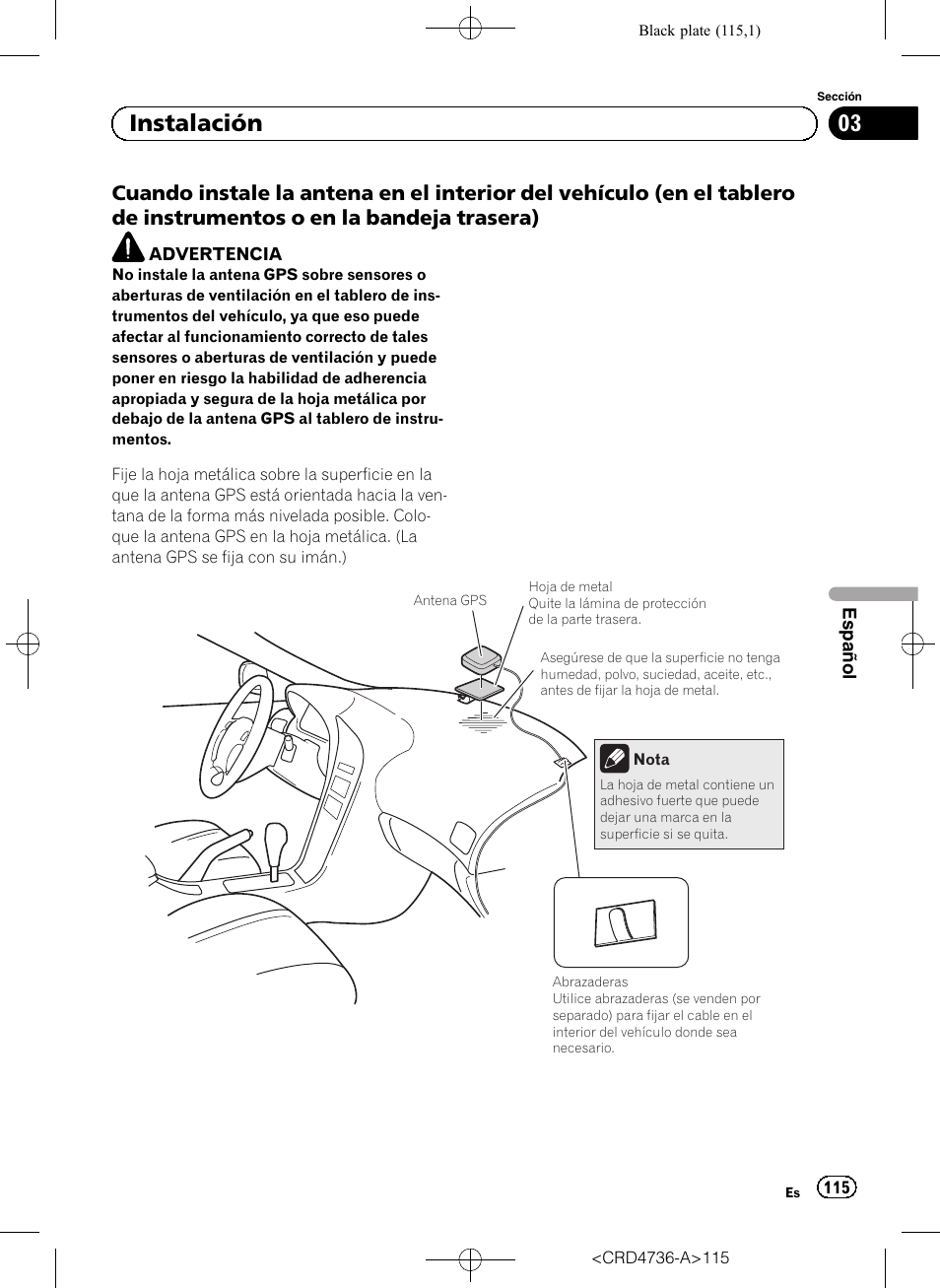 Cuando instale la antena en el interior, 03 instalación | Pioneer AVIC-F50BT User Manual | Page 115 / 180