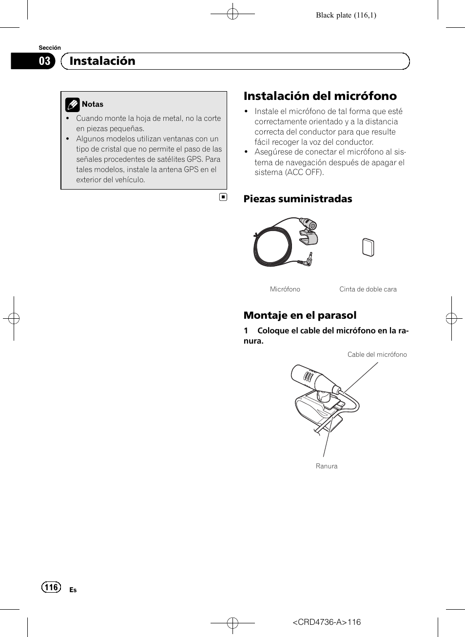 Instalación del micrófono, Piezas suministradas 116, Montaje en el parasol 116 | 03 instalación, Piezas suministradas, Montaje en el parasol | Pioneer AVIC-F50BT User Manual | Page 116 / 180