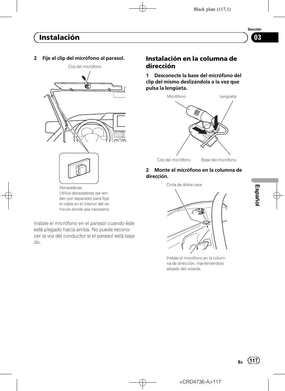 Instalación en la columna de, Dirección, 03 instalación | Instalación en la columna de dirección | Pioneer AVIC-F50BT User Manual | Page 117 / 180