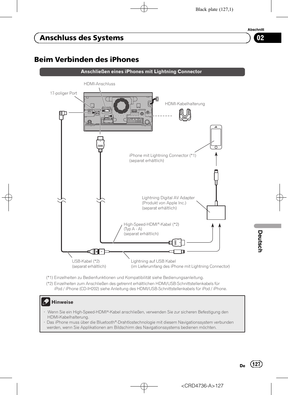 Beim verbinden des iphones, 02 anschluss des systems | Pioneer AVIC-F50BT User Manual | Page 127 / 180