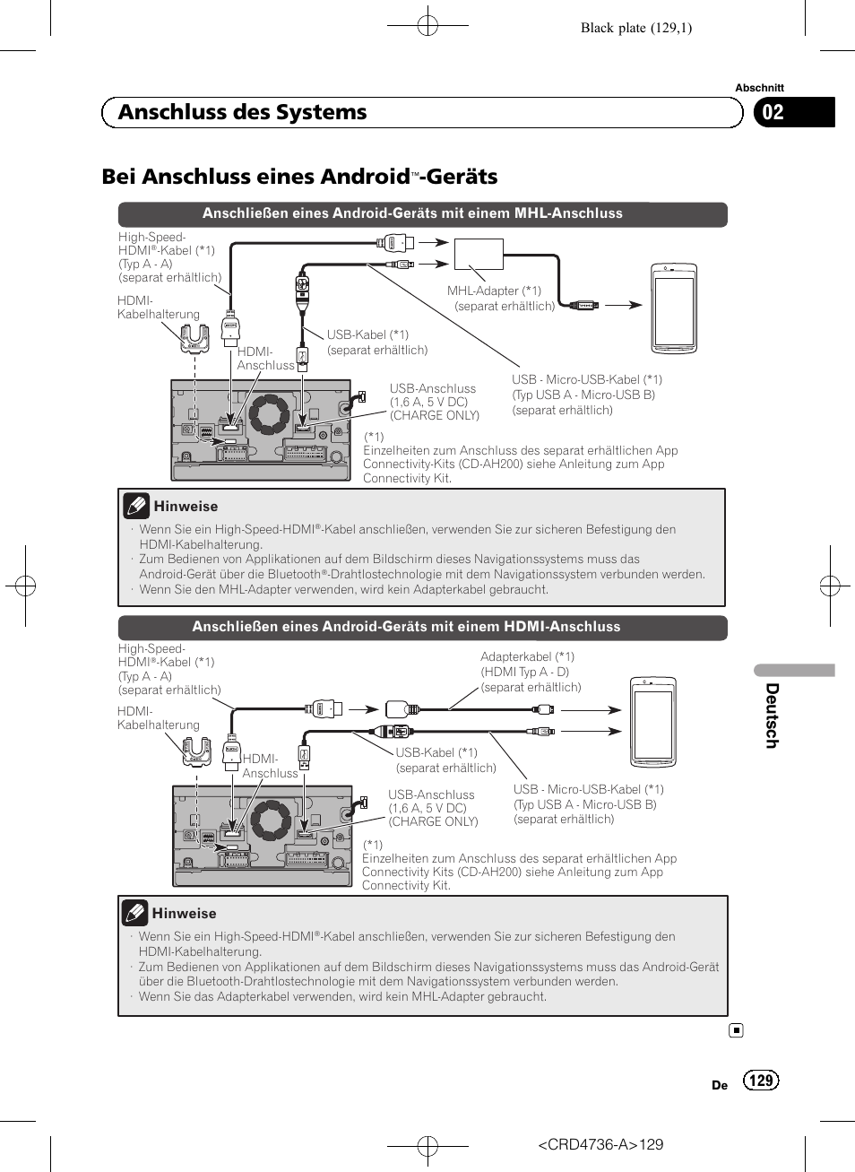 Bei anschluss eines android, Geräts 129, Geräts | 02 anschluss des systems, Deutsch | Pioneer AVIC-F50BT User Manual | Page 129 / 180