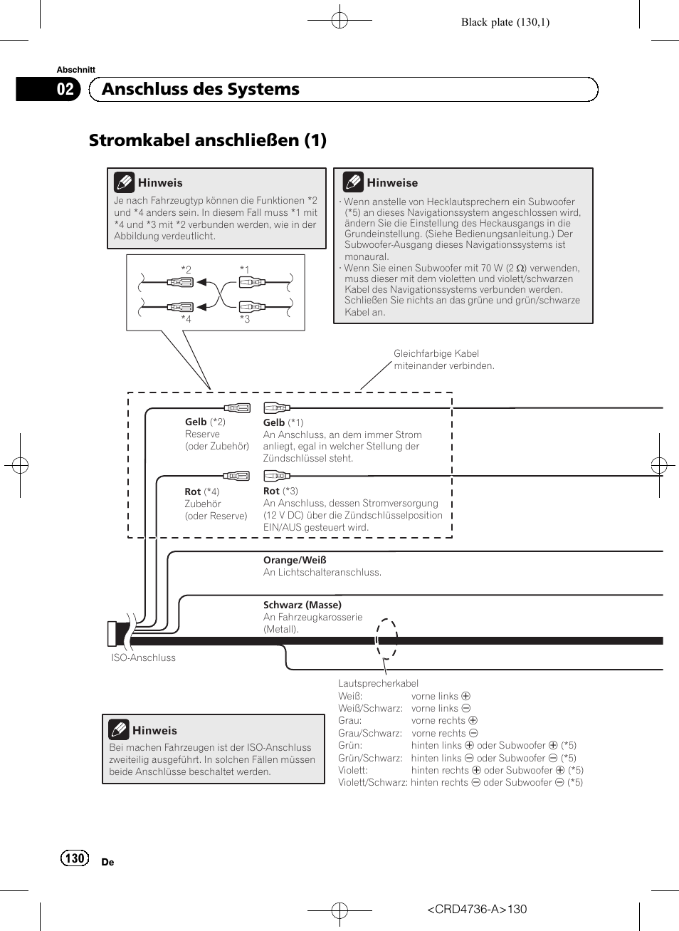 Stromkabel anschließen (1), 02 anschluss des systems | Pioneer AVIC-F50BT User Manual | Page 130 / 180
