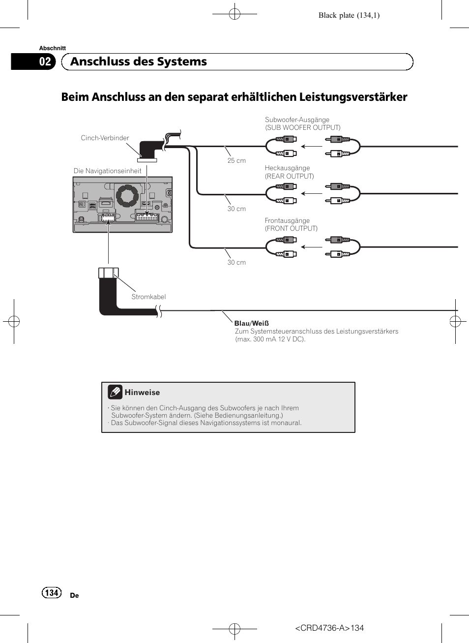 Beim anschluss an den separat erhältlichen, Leistungsverstärker, 02 anschluss des systems | Pioneer AVIC-F50BT User Manual | Page 134 / 180