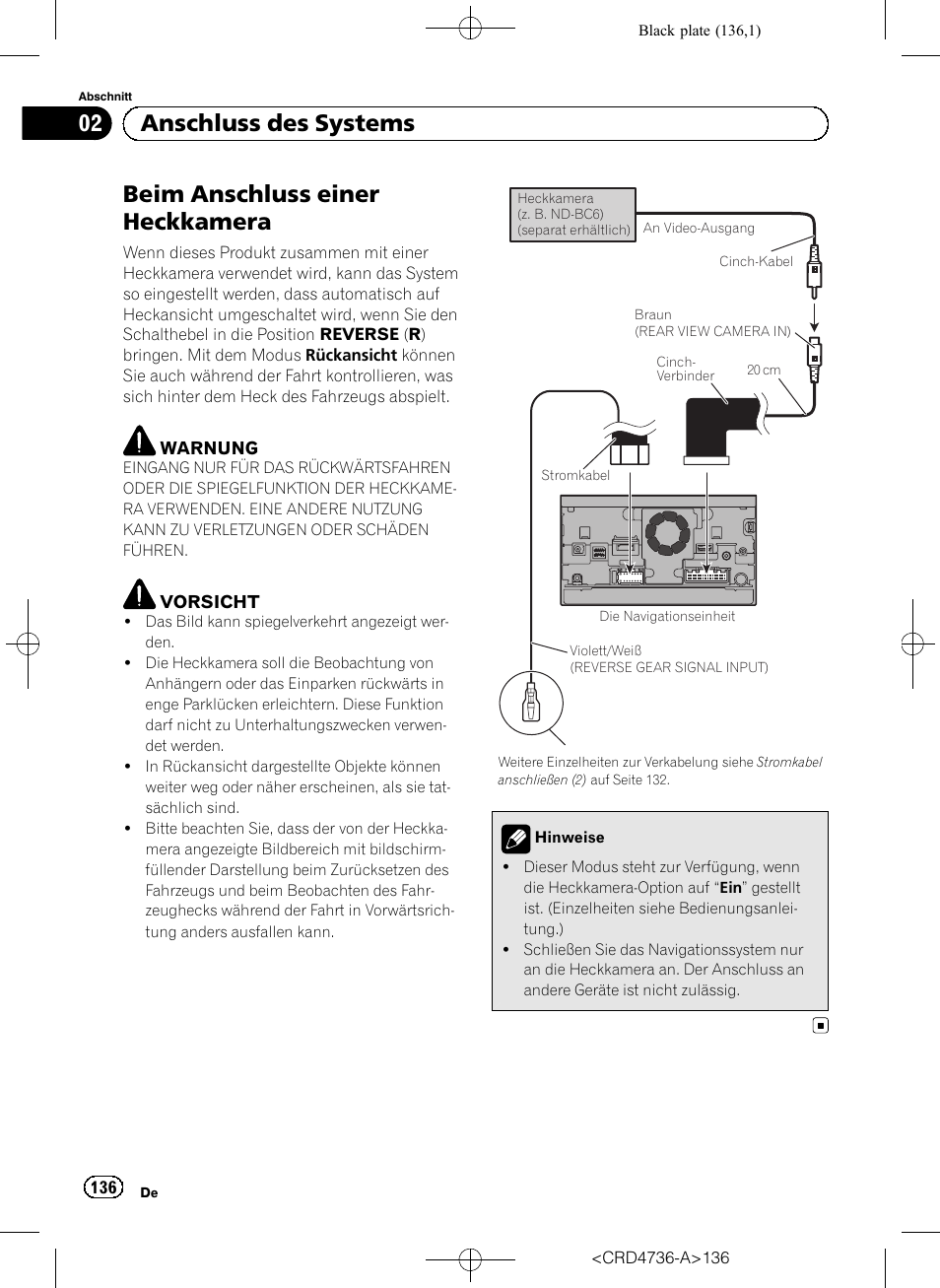 Beim anschluss einer heckkamera, 02 anschluss des systems | Pioneer AVIC-F50BT User Manual | Page 136 / 180