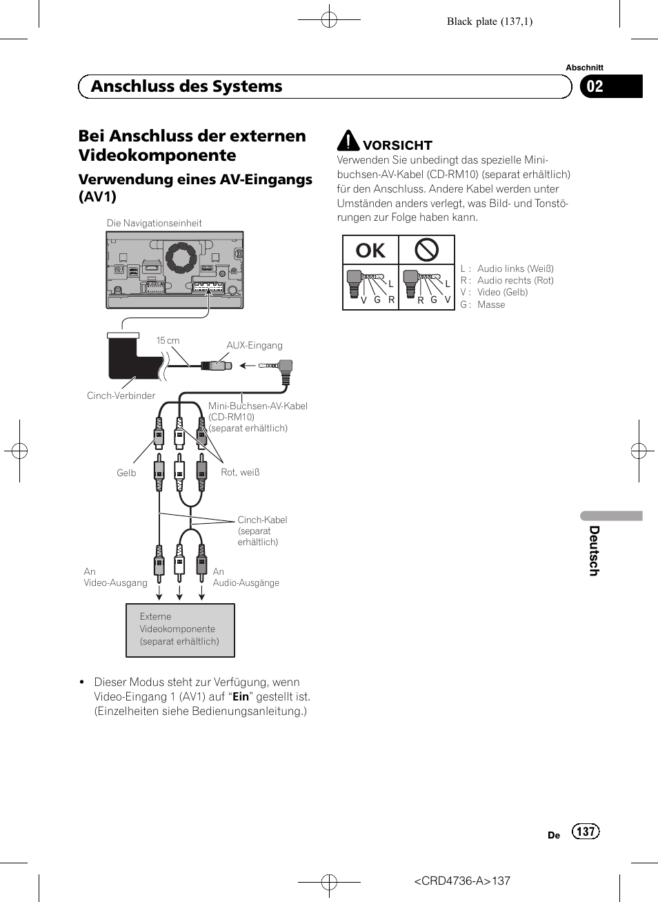 Bei anschluss der externen, Videokomponente, Verwendung eines av-eingangs | Av1), Bei anschluss der externen videokomponente, 02 anschluss des systems, Verwendung eines av-eingangs (av1) | Pioneer AVIC-F50BT User Manual | Page 137 / 180