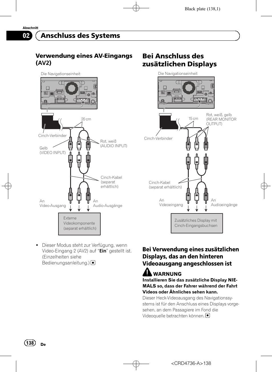 Verwendung eines av-eingangs, Av2), Bei anschluss des zusätzlichen | Displays, Bei verwendung eines zusätzlichen, Bei anschluss des zusätzlichen displays, 02 anschluss des systems, Verwendung eines av-eingangs (av2) | Pioneer AVIC-F50BT User Manual | Page 138 / 180