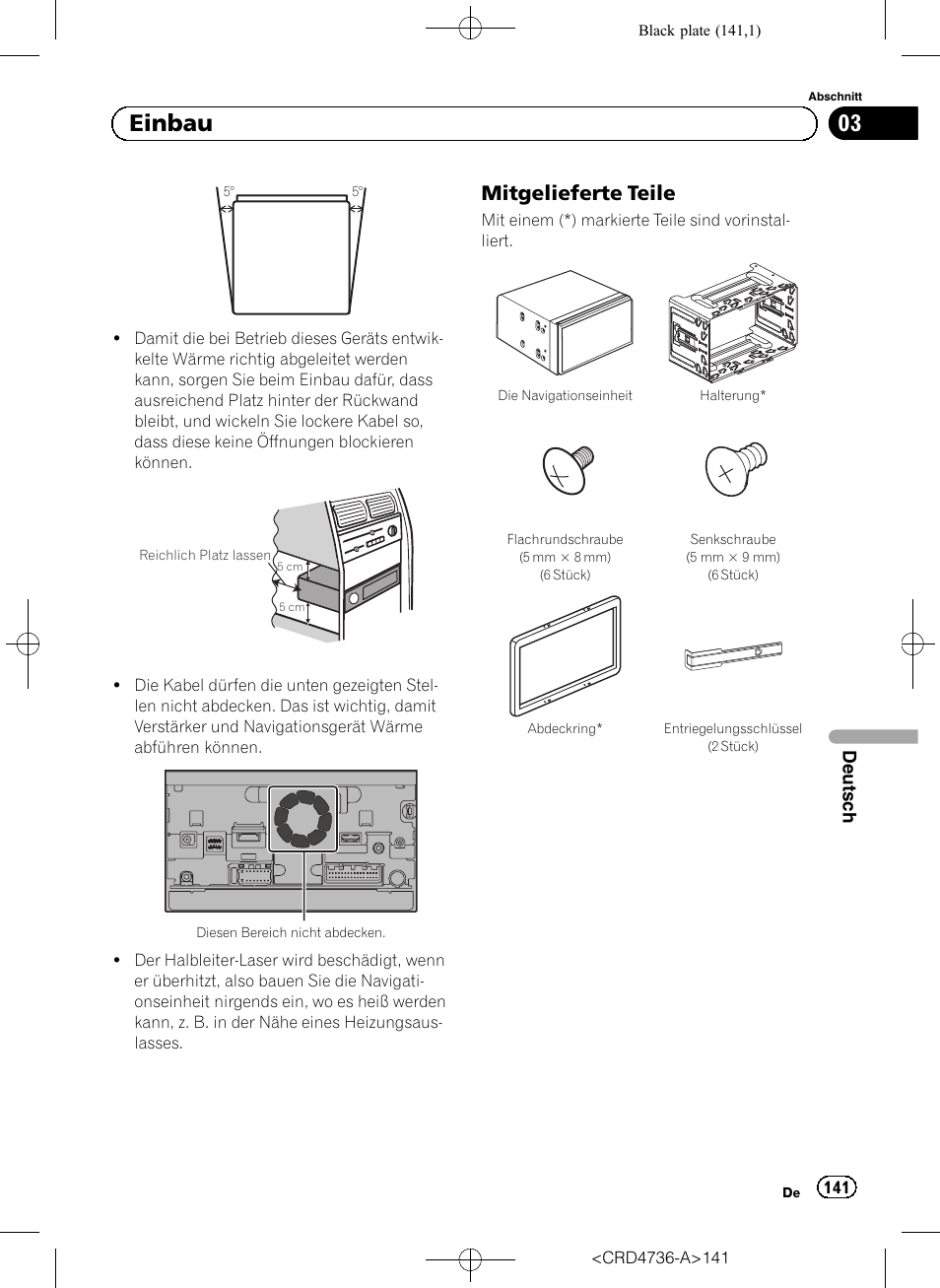 Mitgelieferte teile 141, 03 einbau, Mitgelieferte teile | Pioneer AVIC-F50BT User Manual | Page 141 / 180