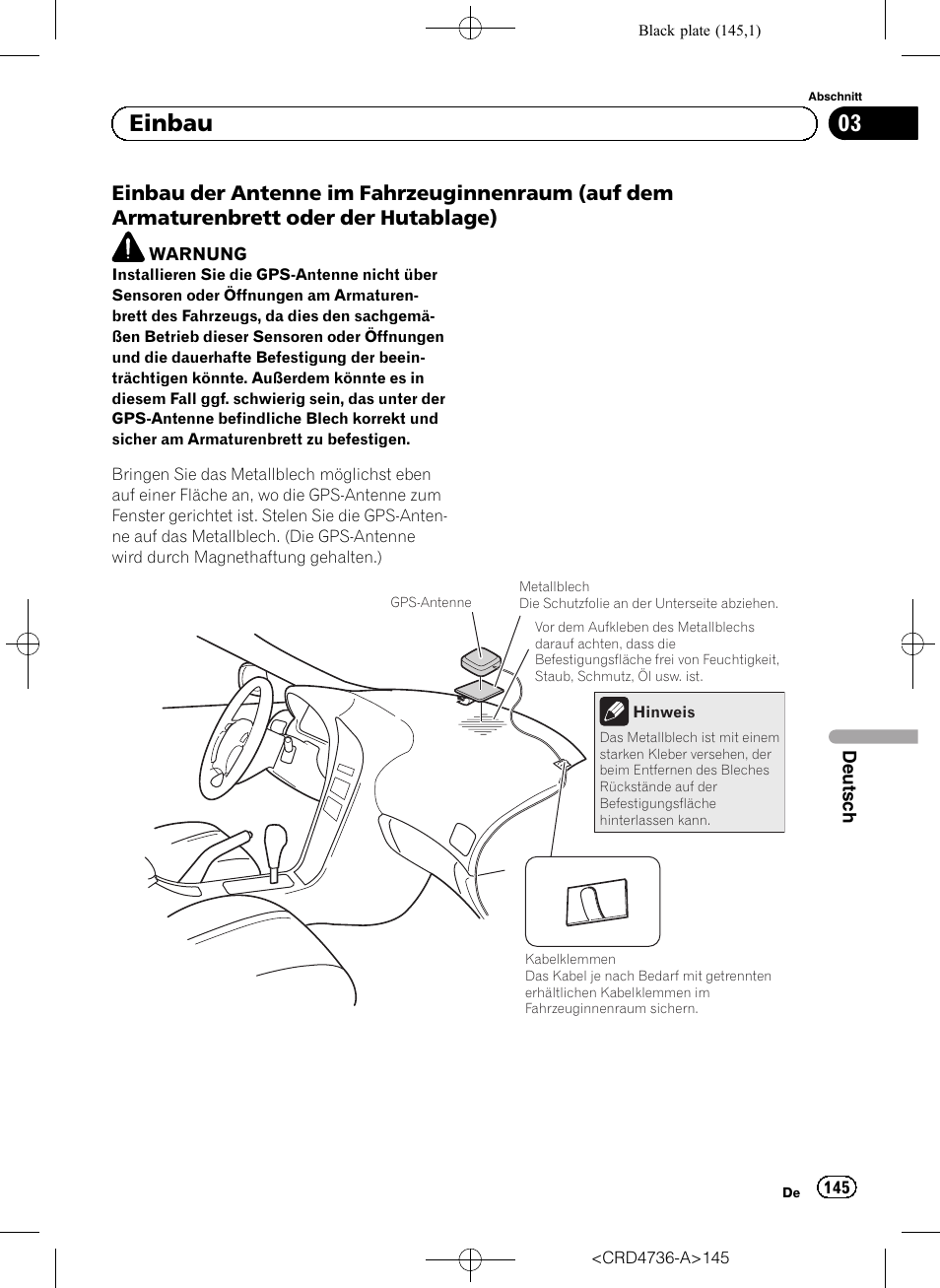 Einbau der antenne im, 03 einbau | Pioneer AVIC-F50BT User Manual | Page 145 / 180