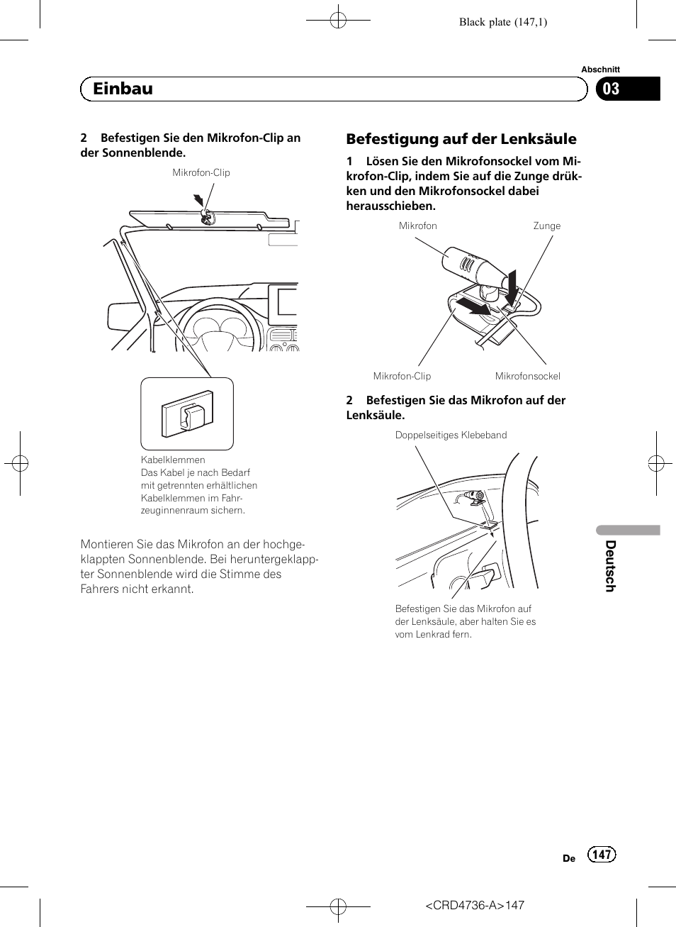 Befestigung auf der lenksäule 147, 03 einbau, Befestigung auf der lenksäule | Pioneer AVIC-F50BT User Manual | Page 147 / 180