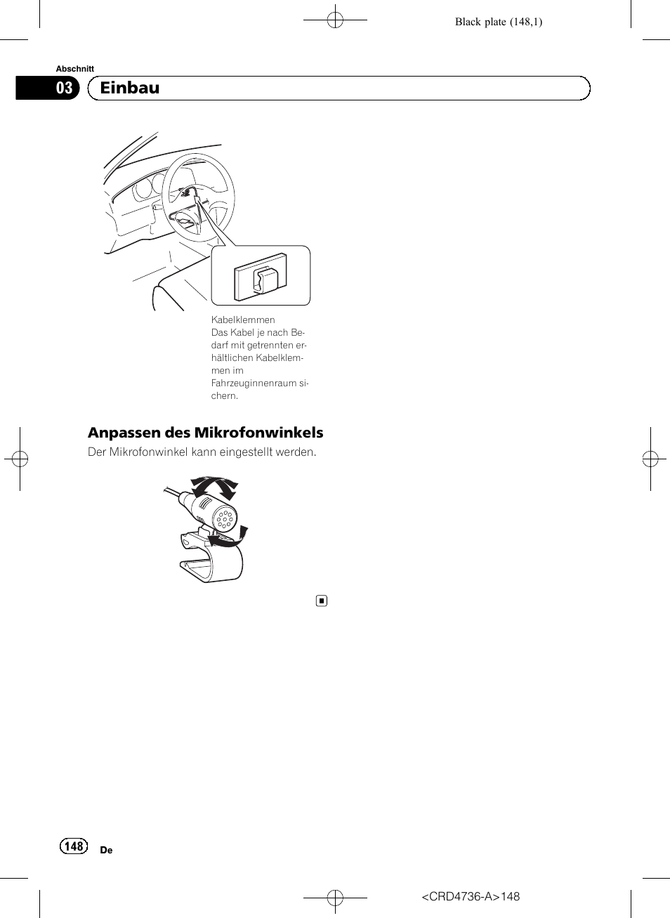 Anpassen des mikrofonwinkels 148, 03 einbau | Pioneer AVIC-F50BT User Manual | Page 148 / 180