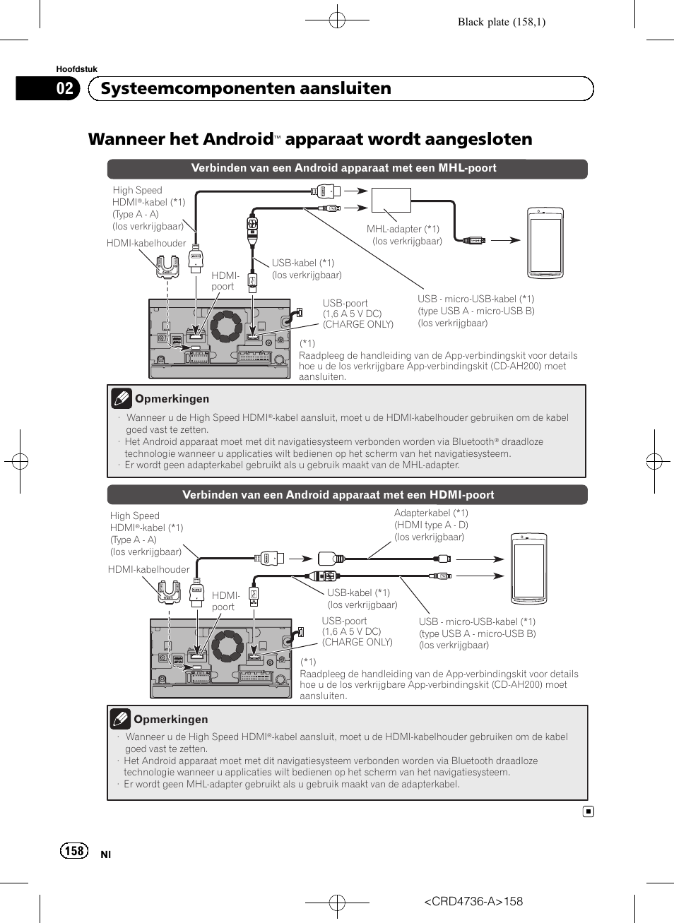 Wanneer het android, Apparaat wordt, Aangesloten | Apparaat wordt aangesloten, 02 systeemcomponenten aansluiten | Pioneer AVIC-F50BT User Manual | Page 158 / 180