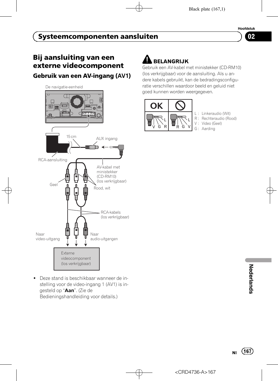 Bij aansluiting van een externe, Videocomponent, Gebruik van een av-ingang (av1) 167 | Bij aansluiting van een externe videocomponent, 02 systeemcomponenten aansluiten, Gebruik van een av-ingang (av1) | Pioneer AVIC-F50BT User Manual | Page 167 / 180