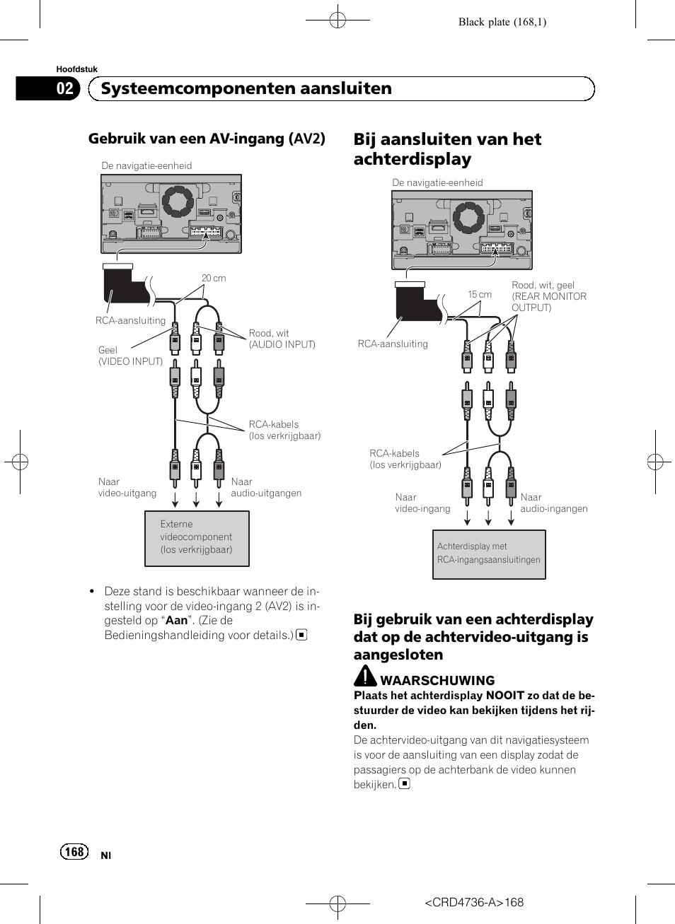 Gebruik van een av-ingang (av2) 168, Bij aansluiten van het achterdisplay, Bij gebruik van een achterdisplay dat | Op de achtervideo-uitgang is aangesloten, 02 systeemcomponenten aansluiten, Gebruik van een av-ingang (av2) | Pioneer AVIC-F50BT User Manual | Page 168 / 180
