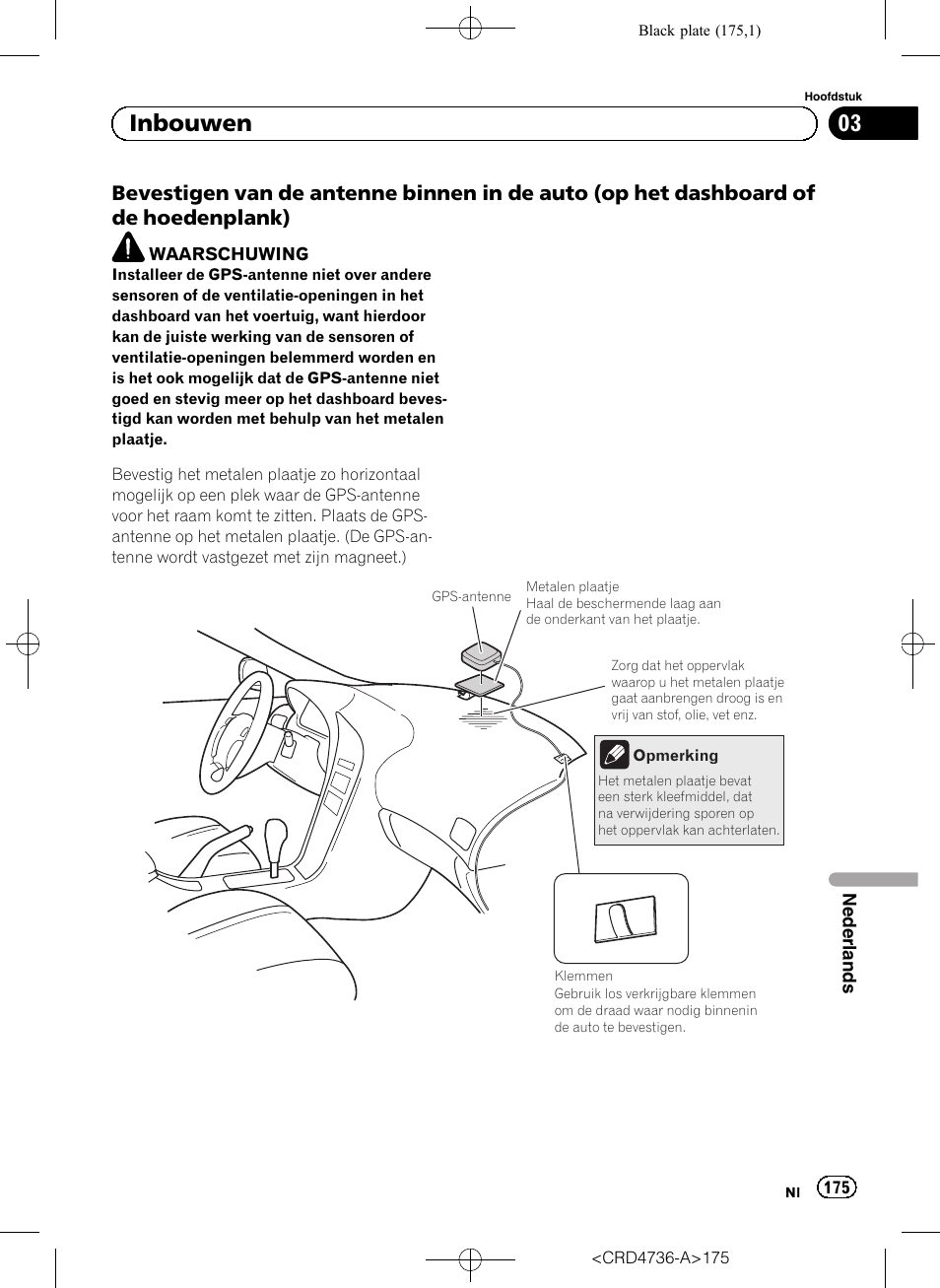 Bevestigen van de antenne binnen in, De auto (op het dashboard of de hoedenplank), 03 inbouwen | Pioneer AVIC-F50BT User Manual | Page 175 / 180