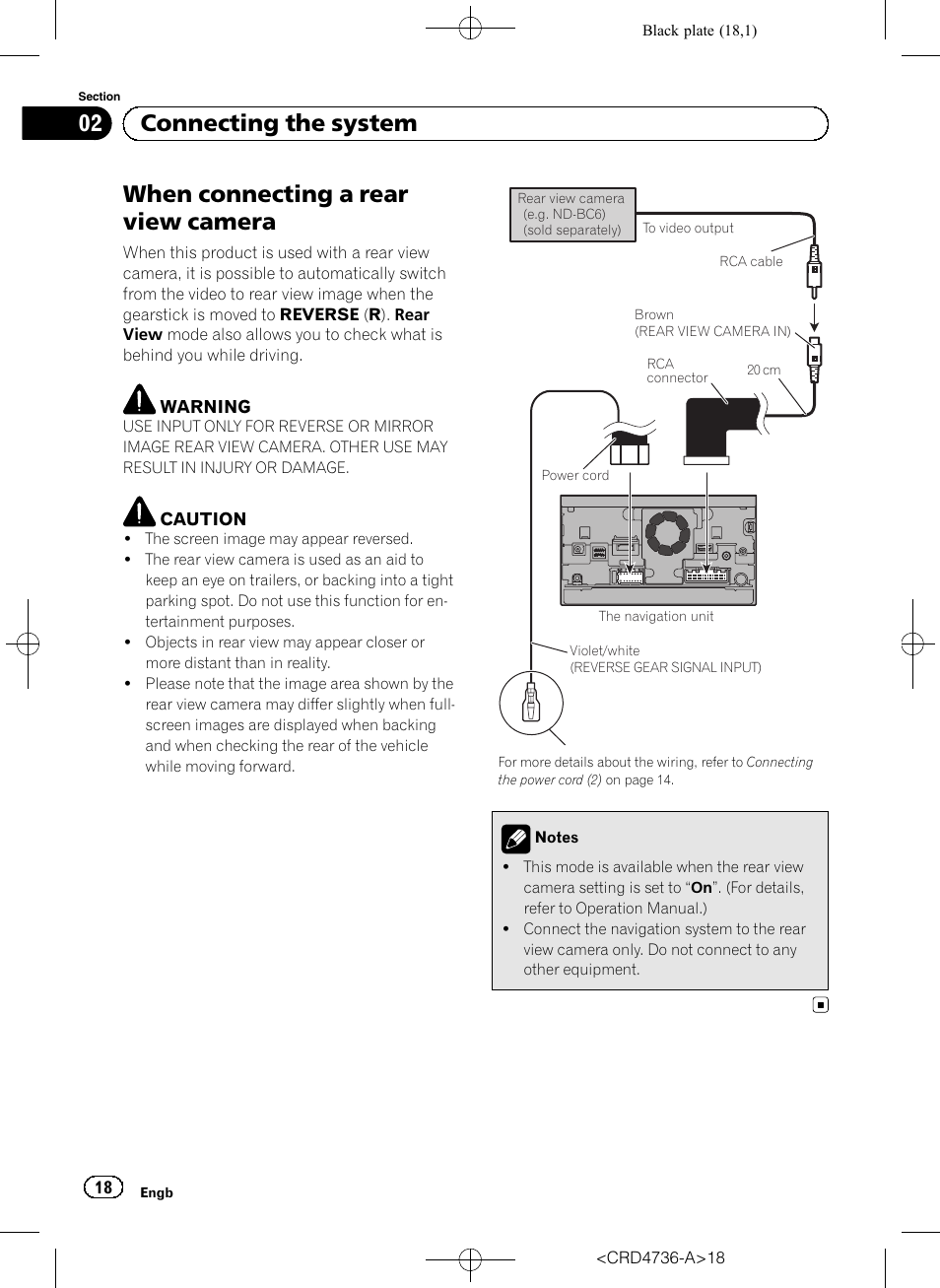 When connecting a rear view camera, 02 connecting the system | Pioneer AVIC-F50BT User Manual | Page 18 / 180