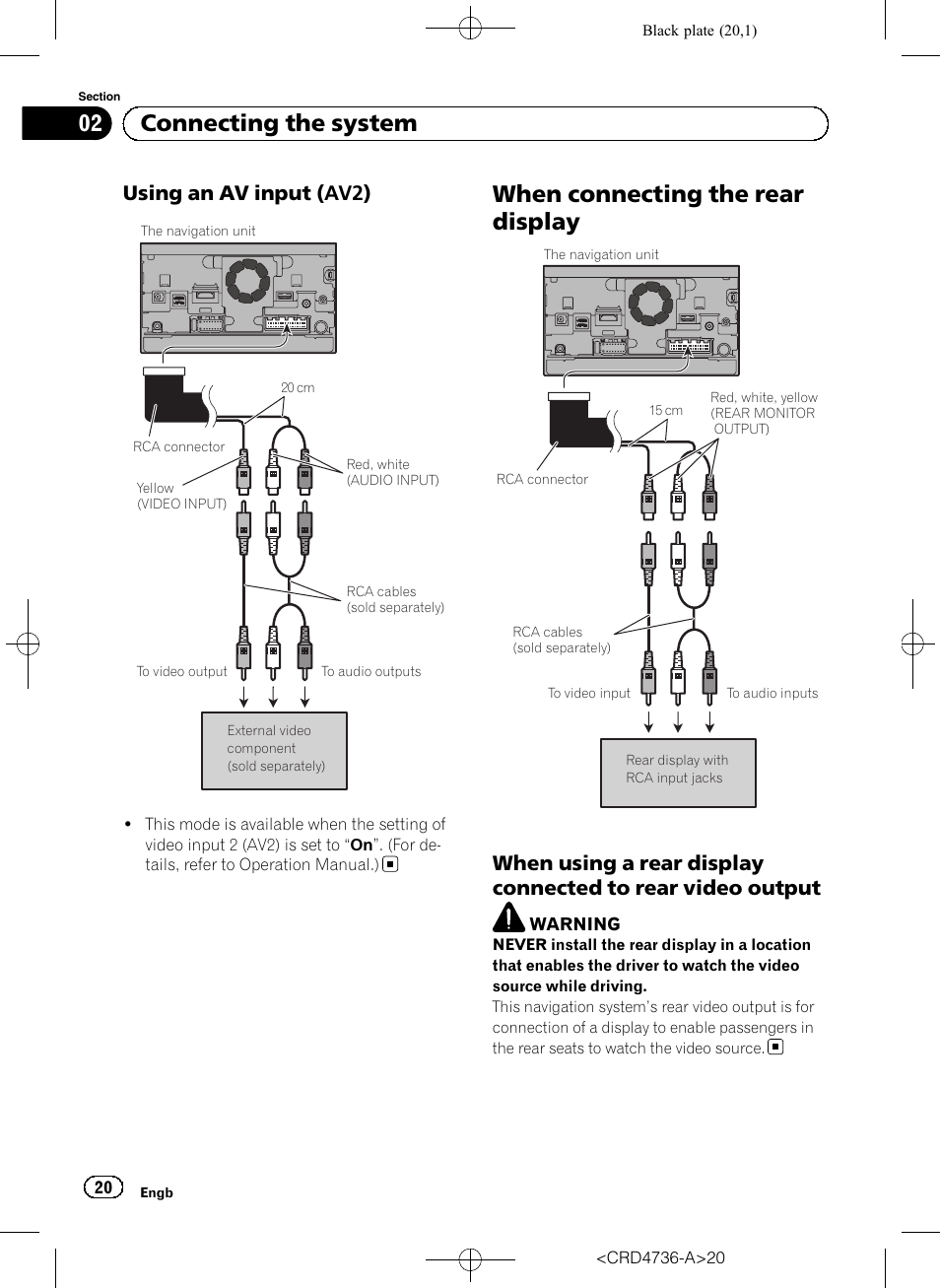 Using an av input (av2) 20, When connecting the rear display, When using a rear display connected to | Rear video output, 02 connecting the system, Using an av input (av2) | Pioneer AVIC-F50BT User Manual | Page 20 / 180