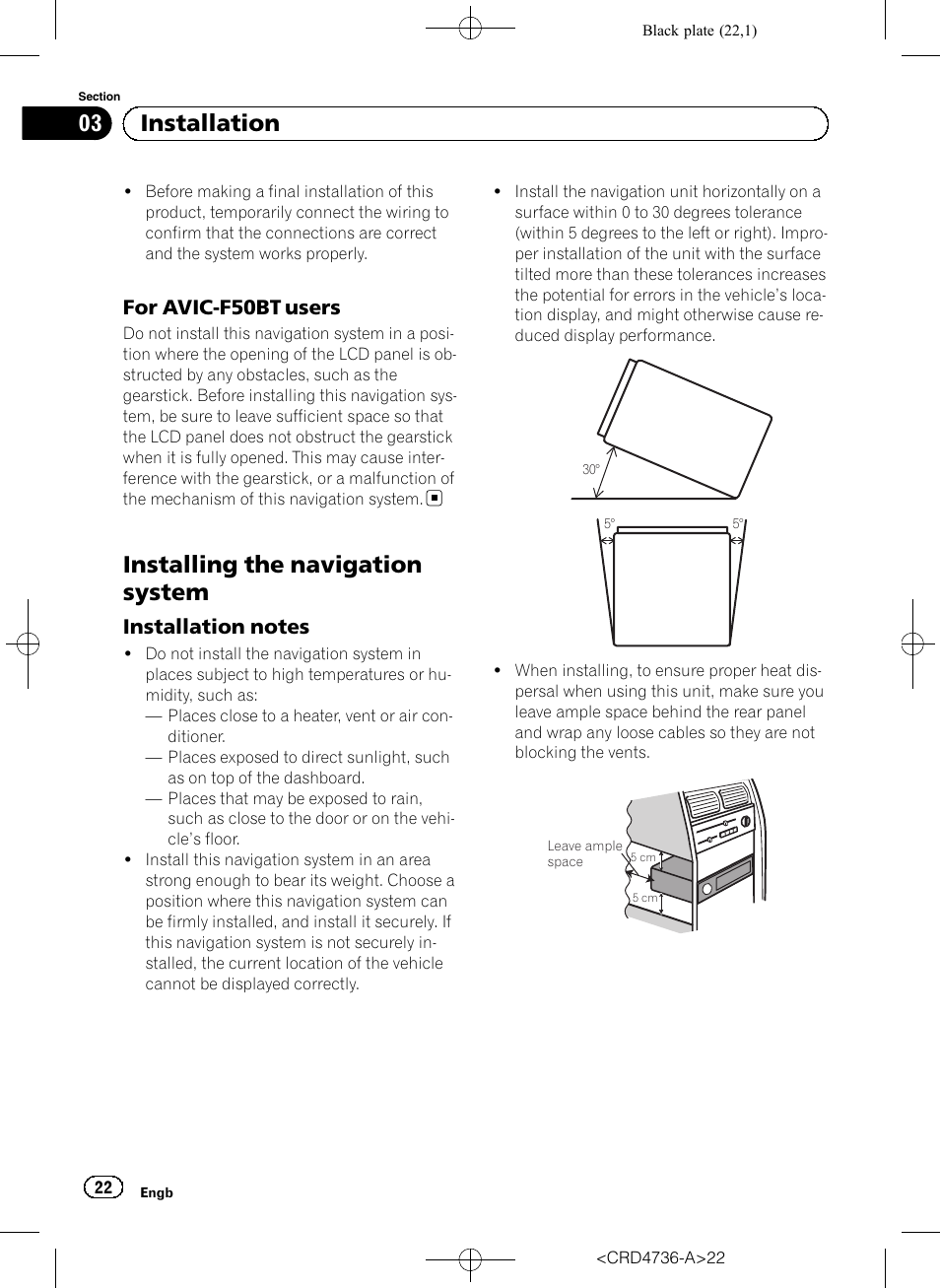 For avic-f50bt users 22, Installing the navigation system, Installation notes 22 | 03 installation, For avic-f50bt users | Pioneer AVIC-F50BT User Manual | Page 22 / 180