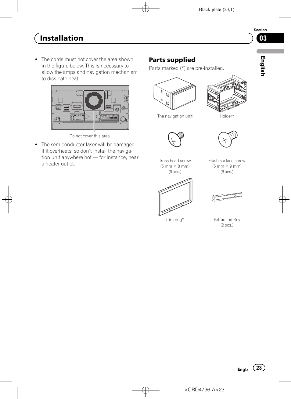 Parts supplied 23, 03 installation, Parts supplied | Pioneer AVIC-F50BT User Manual | Page 23 / 180
